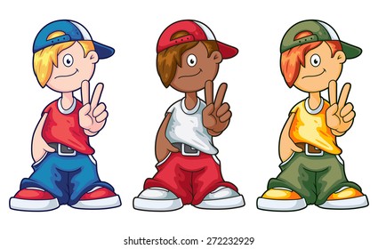 Hip Hop cartoon boy in different colors showing victory or peace sign