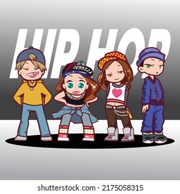 Hip Hop Cartoon Boys and Girls Set Vector Illustration