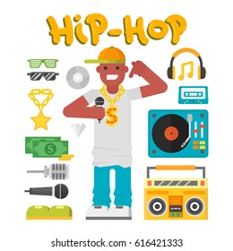 Hip hop character musician with microphone breakdance expressive rap portrait vector illustration.