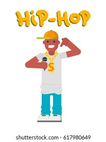 Hip hop character musician with microphone breakdance expressive rap portrait vector illustration.