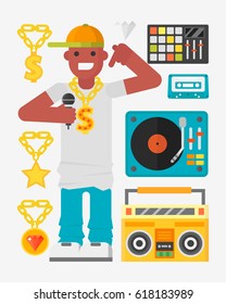 Hip hop character musician with microphone breakdance expressive rap portrait vector illustration.