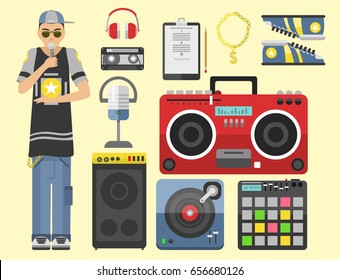 Hip hop character musician with microphone breakdance expressive rap portrait vector illustration.