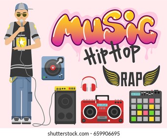 Hip hop character musician with microphone breakdance expressive rap portrait vector illustration.