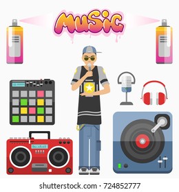 Hip hop character musician with microphone breakdance expressive rap portrait vector illustration.