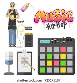 Hip hop character musician with microphone breakdance expressive rap portrait vector illustration.