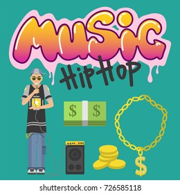 Hip hop character musician with microphone, breakdance expressive rap portrait vector illustration.