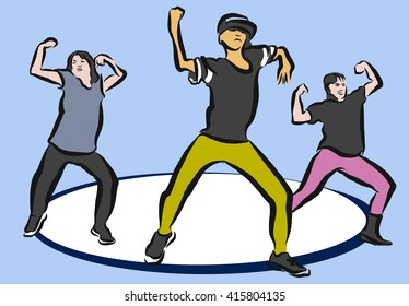 Hip Hop Choreography on Blue, Sketched Vector Artwork