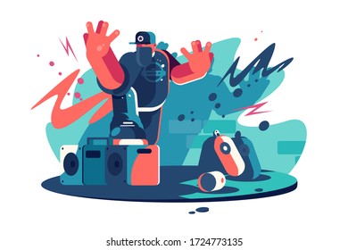 Hip Hop Cool Dude Vector Illustration. Brutal Guy In Cap Dancing On Stage Flat Style Design. Music Streaming. Hip-hop Dancer. Modern Dances Concept. Isolated On White