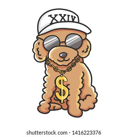 hip hop cute poodle dog wearing white cap, black glasses and rapper chain cartoon hand drawn illustration