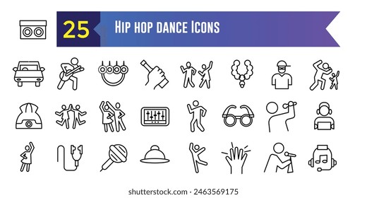 Hip hop dance icon set. Outline set of hip hop dance vector icons for ui design. Outline icon collection. Editable stroke.