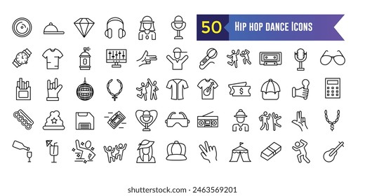 Conjunto de iconos de baile de hip hop. Conjunto esquemático de iconos de vector de baile de hip hop para diseño de ui. Colección de iconos de esquema. Trazo editable.