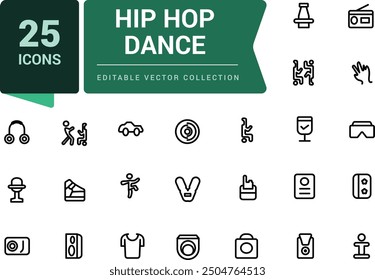 Hip hop dance icon set. Outline icons pack. Editable vector line icon set and illustration for web and UI application.