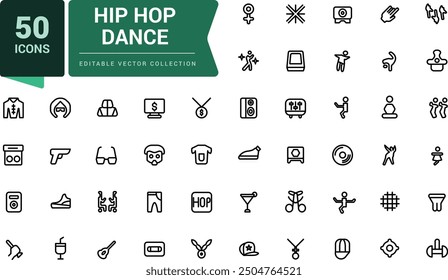 Hip hop dance icon set. Outline icons pack. Editable vector line icon set and illustration for web and UI application.