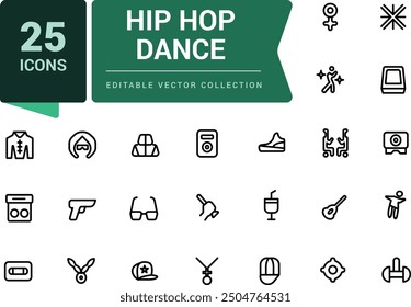 Hip hop dance icon set. Outline icons pack. Editable vector line icon set and illustration for web and UI application.