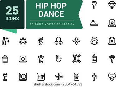 Hip hop dance icon set. Outline icons pack. Editable vector line icon set and illustration for web and UI application.