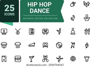 Hip hop dance icon set. Outline icons pack. Editable vector line icon set and illustration for web and UI application.