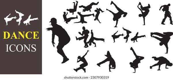 Hip Hop Dance Icons Niños bailando la silueta de baile callejero ilustración vectorial. Hip hop, break dance, Dancers Silhouettes Vector File