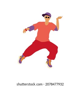 Hip Hop Dance. Young guy dancing hip-hop in bright clothes and dark glasses. Music, lifestyle, dance, youth, fun. Icon for website, app about music, styles, celebrations. Vector flat illustration