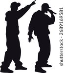 Hip hop dancer and rapper silhouette vector illustration. Music performance art, urban street style, rap singer and dancer figures isolated on white background