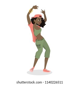 Hip hop dancer. Young african american woman showing her skills in dance. Isolated vector illustration in cartoon style