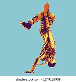 Hip hop dancing boy standing on his handsVector illustration on a blue background. 