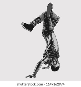 Hip hop dancing boy standing on his hands. Vector illustration.