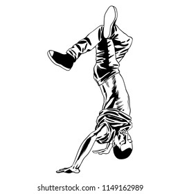 Hip hop dancing boy standing on his hands. Black and white vector illustration.