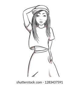 Hip hop dancing girl. Pretty Young Urban Rap Girl. Vector illustration