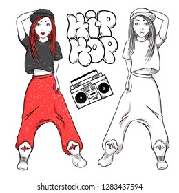 Hip hop dancing girl. Pretty Young Urban Rap Girl. Vector illustration