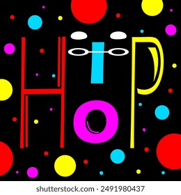 Hip Hop Day event music banner. Colorful bold text with colorful dots on black background to celebrate on August 11th