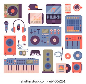 Hip hop or DJ accessory musician instruments breakdance expressive rap music disc jockey vector icons