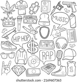 Hip Hop Doodle Icons. Diseño de símbolo de logotipo de tipo de recorte de línea de mano.