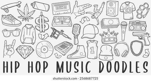 Hip Hop Doodle Icons. Hand Made Line Art. Rap Clipart Logotype Symbol Design.