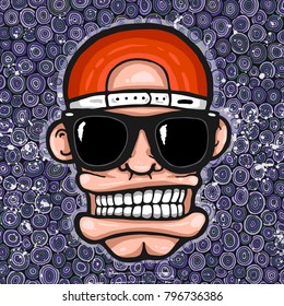 Hip hop face, with sunglasses and cap. Cool man on the purple background.