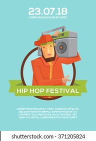 Hip hop festival poster template. Character with boom box show peace sign.