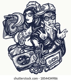 Hip Hop Girl And Man. Old School Music Art. Swag Lifestyle. Street Break Dance. Fashion Portrait Of Modern Rap People. Boom Box, Audio Cassette. Musical Tattoo And T-shirt Design 