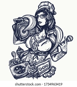 Hip hop girl. Old school music art. Swag lifestyle. Street  break dance. Fashion portrait of modern rap woman in cap. Boom box, audio cassette. Musical tattoo and t-shirt design. Pop culture style 