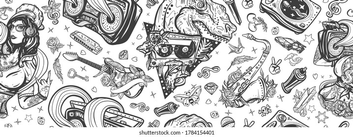 Hip hop girl, swag woman. Tyrannosaur, dj vinyl, boom box, rock guitar, saxophone. Retro music seamless pattern. Funny pop culture musical background. Street lifestyle. Old school tattoo art 