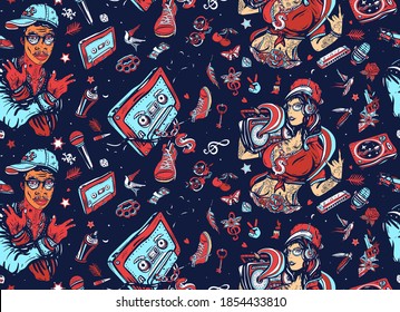 Hip hop girl, swag woman. African American man rapper. Audio cassette, break dance art. Street ghetto lifestyle. Pop culture musical background. Rap music seamless pattern. Old school tattoo style 