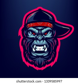 Hip Hop Gorilla for esport and sport mascot logo isolated on dark Blue Background