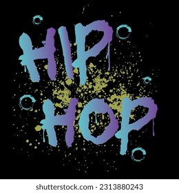 Hip hop graffiti-style inscription in blue and purple paint on a black background with paint splashes.