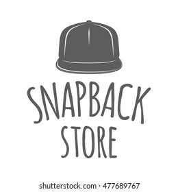 Hip hop hats shop logo. Monochrome vector badge with text in hand drawn style isolated on white background. Emblem for rap cap store advertising or signboard. Snapback label in modern style.