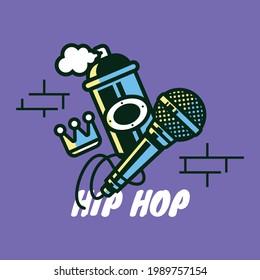 Hip hop icon with microphone, spray can and crown. Hip hop vector illustration