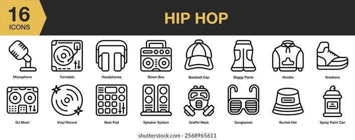 Hip Hop icon set. Includes music, hip hop, style, street, dance, hip-hop, and More. Outline icons vector collection.