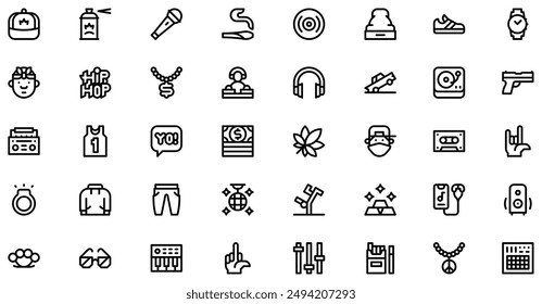 Hip Hop Icons collection is a vector illustration with editable stroke, offering versatility and customization. Perfect for various design needs, it includes high-quality graphics.