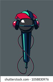 Hip hop microphone with cap on isolated background. Rap music poster mc battle.