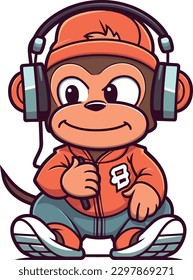 Hip hop monkey image with headphones, vector illustration