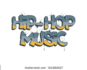 Ilustración musical de hip hop en estilo graffiti, logo con membrete, vector.Tipografía para afiches, pantalones o stickers