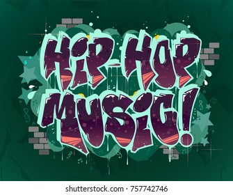hip hop hudební ilustrace ve stylu graffiti, nápisy logo, vektor.Typografie pro plakát, tričko nebo samolepky