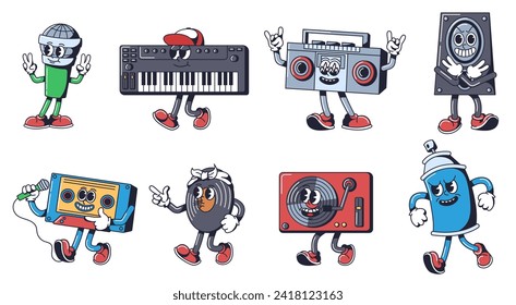 Hip hop music mascots. Beat-boxing microphone, synth keyboard, cassette rap mix tape and groovy vinyl record player vector characters set of boombox and hip-hop illustration